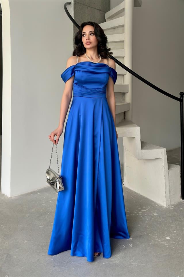 Saks Mavi Taş Askılı Düşük Kol Saten AbiyeAbiye & Mezuniyet ElbisesiST5645-6118