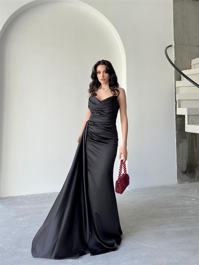 Siyah Straplez Drapeli Saten Abiye ElbiseAbiye & Mezuniyet ElbisesiST5568-7209