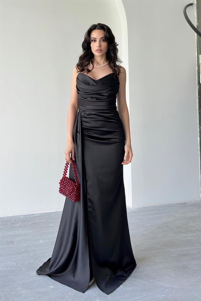 Siyah Straplez Drapeli Saten Abiye ElbiseAbiye & Mezuniyet ElbisesiST5568-7209