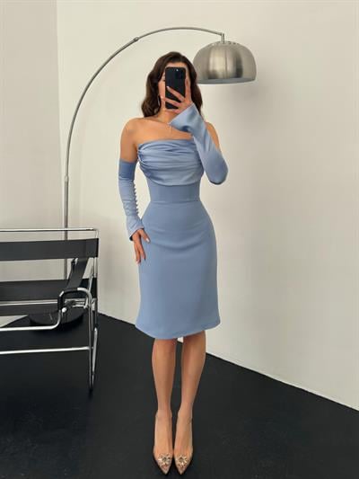 Bebe Mavi Saten Kol Detaylı Midi Abiye ElbiseAbiye & Mezuniyet ElbisesiST5512-1168Saten Kol Detaylı  Abiye Elbise
