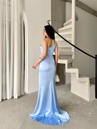 Bebe Mavi Tek Omuz Yırtmaç Detaylı Uzun Abiye ElbiseAbiye & Mezuniyet ElbisesiST5582-1563