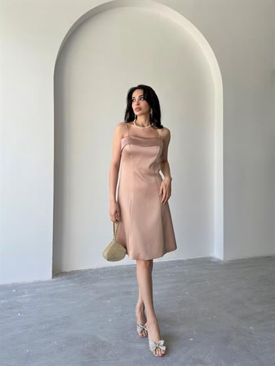 Bej Kat Detaylı Askılı Saten Mini Abiye ElbiseAbiye & Mezuniyet ElbisesiST5551-1066