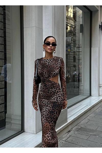Bel Detaylı Leopar Desenli Midi Elbise