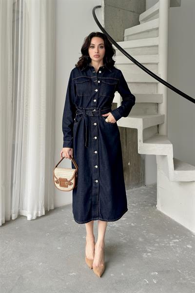 Beli Kuşaklı Cep Detaylı Denim ElbiseElbiseST566-7326