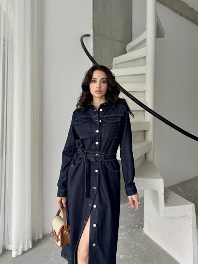 Beli Kuşaklı Cep Detaylı Denim ElbiseElbiseST566-7326