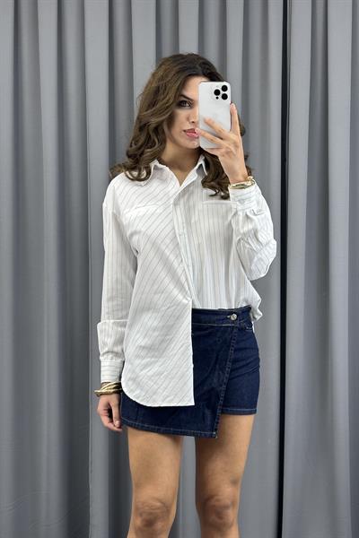 Beyaz Regular Fit Çizgili Uzun Kollu Poplin Gömlek GömlekST5330-4755TİCİMAX
