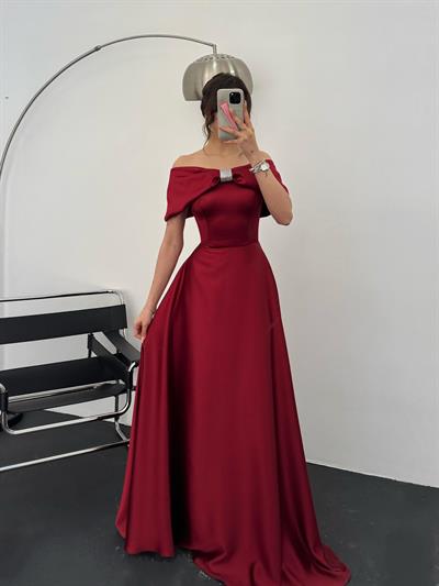 Bordo Önü Taşlı Fiyonk Detaylı  AbiyeAbiye & Mezuniyet ElbisesiST5531-1035