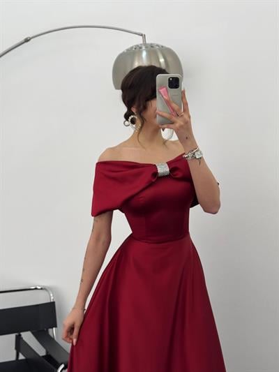 Bordo Önü Taşlı Fiyonk Detaylı  AbiyeAbiye & Mezuniyet ElbisesiST5531-1035