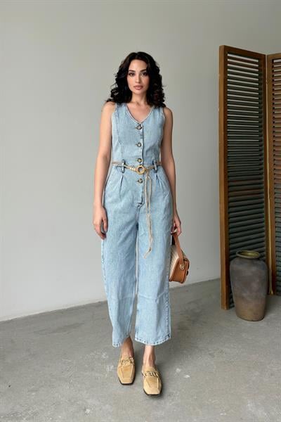 Buz Mavi Düğmeli  Kolsuz Denim TulumTulumST5680-037