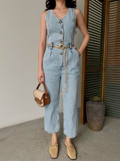 Buz Mavi Düğmeli  Kolsuz Denim TulumTulumST5680-037