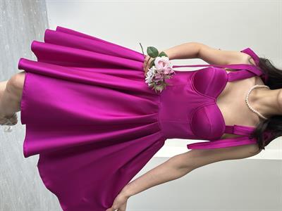 Fuşya Büstiyer Detaylı Askılı Saten Abiye ElbiseAbiye & Mezuniyet ElbisesiST5542-1004