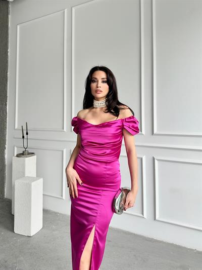 Fuşya Düşük Omuz Drapeli Midi Abiye ElbiseAbiye & Mezuniyet ElbisesiST4984
