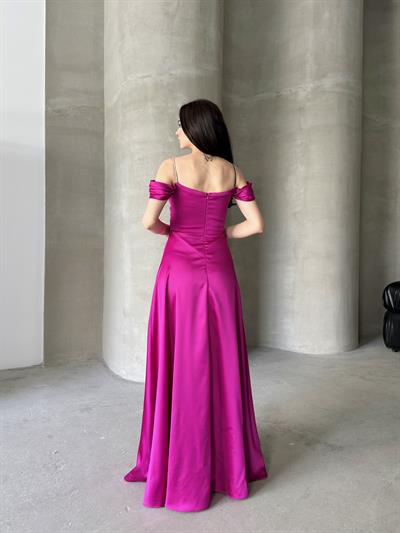 Fuşya Taş Askılı Düşük Kol Saten AbiyeAbiye & Mezuniyet ElbisesiST5642-6118