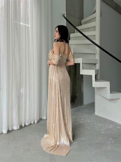Gold Düşük Kol Pul Payet Abiye ElbiseAbiye & Mezuniyet ElbisesiST5560-1065TİCİMAX