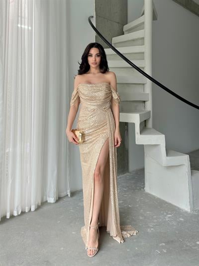 Gold Düşük Kol Pul Payet Abiye ElbiseAbiye & Mezuniyet ElbisesiST5560-1065TİCİMAX