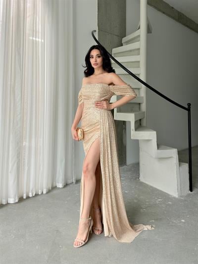 Gold Düşük Kol Pul Payet Abiye ElbiseAbiye & Mezuniyet ElbisesiST5560-1065TİCİMAX