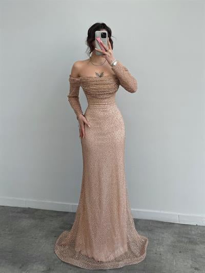 Gold Kayık Yaka Taşlı Abiye ElbiseAbiye & Mezuniyet ElbisesiST5521-6117Kayık Yaka Taşlı Abiye Elbise