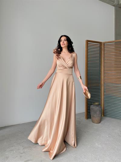 Gold Kruvaze Yaka Omuz Detaylı Saten Abiye ElbiseAbiye & Mezuniyet ElbisesiST5632-1037