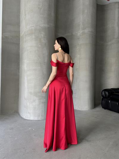 Kırmızı Taş Askılı Düşük Kol Saten AbiyeAbiye & Mezuniyet ElbisesiST5643-6118