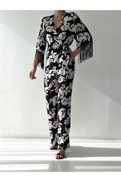 Kolları Saçaklı Önü Bağlamalı Premium Dokuma Kimono Takım