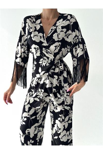 Kolları Saçaklı Önü Bağlamalı Premium Dokuma Kimono Takım