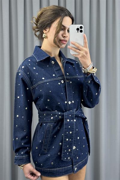 Lacivert Drop Çakımlı Kuşaklı Denim CeketCeketST-5370-5808TİCİMAX