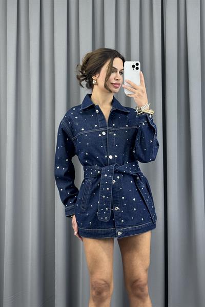 Lacivert Drop Çakımlı Kuşaklı Denim CeketCeketST-5370-5808TİCİMAX