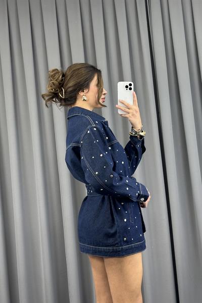 Lacivert Drop Çakımlı Kuşaklı Denim CeketCeketST-5370-5808TİCİMAX