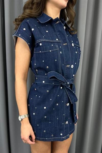 Lacivert Drop Çakımlı Kuşaklı Denim YelekYelekST5400-9088TİCİMAX