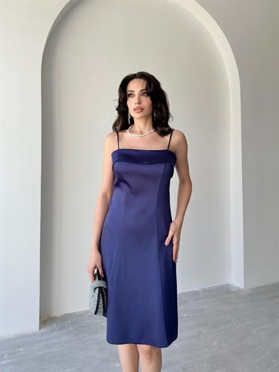 Lacivert Kat Detaylı Askılı Saten Mini Abiye ElbiseAbiye & Mezuniyet ElbisesiST5554-1066