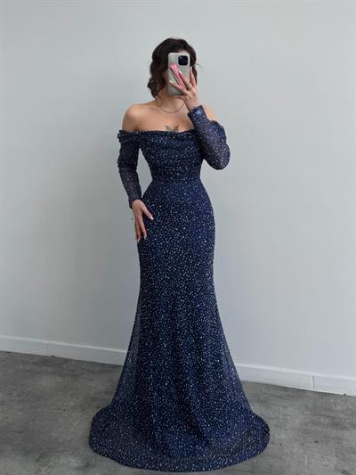 Lacivert Kayık Yaka Taşlı Abiye ElbiseAbiye & Mezuniyet ElbisesiST5524-6117Kayık Yaka Taşlı Abiye Elbise
