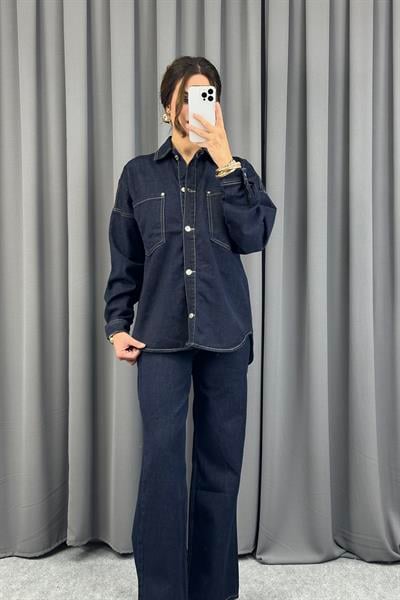 Lacivert Önü Düğmeli Cepli Oversize Denim CeketCeketST-5360-5669TİCİMAX