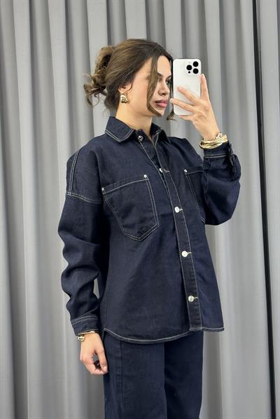 Lacivert Önü Düğmeli Cepli Oversize Denim CeketCeketST-5360-5669TİCİMAX