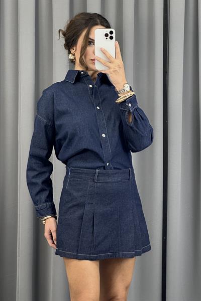 Lacivert Pileli Yandan Fermuarlı Denim Kot ŞortEtekST5310-1171TİCİMAX