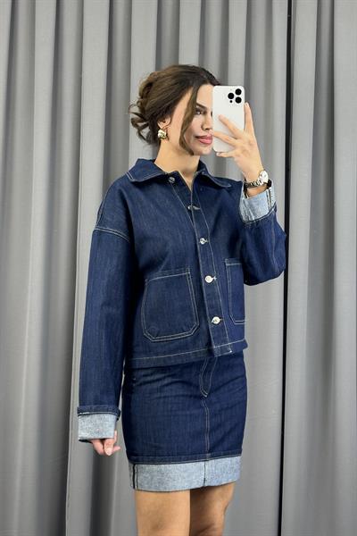 Lacivert Rins Yıkama Cepli Denim CeketCeketST5390-5829TİCİMAX