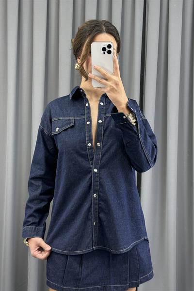 Lacivert Rins Yıkama Oversize Denim GömlekGömlekST5350-4955TİCİMAX