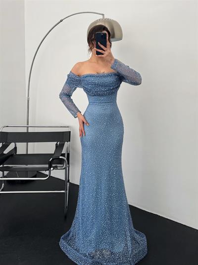 Mavi Kayık Yaka Taşlı Abiye ElbiseAbiye & Mezuniyet ElbisesiST5520-6117Kayık Yaka Taşlı Abiye Elbise