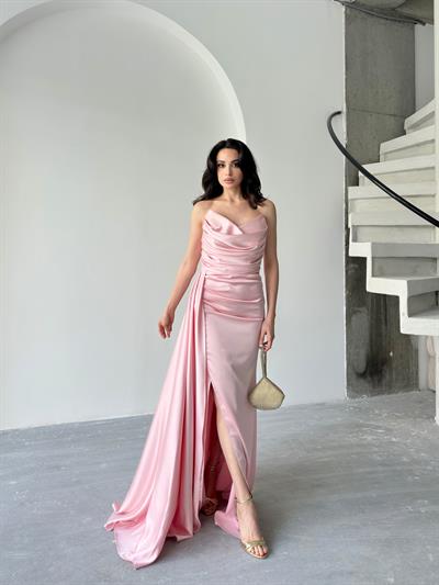 Pudra Straplez Drapeli Saten Abiye ElbiseAbiye & Mezuniyet ElbisesiST5566-7209