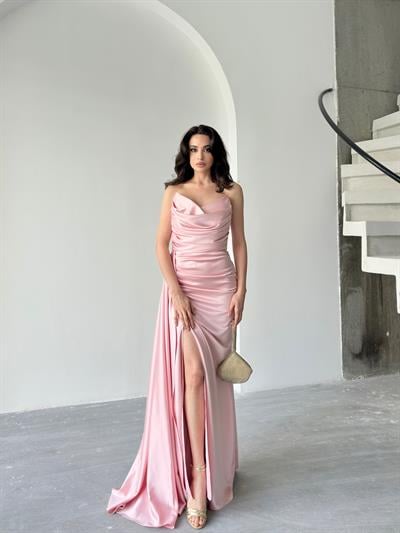 Pudra Straplez Drapeli Saten Abiye ElbiseAbiye & Mezuniyet ElbisesiST5566-7209