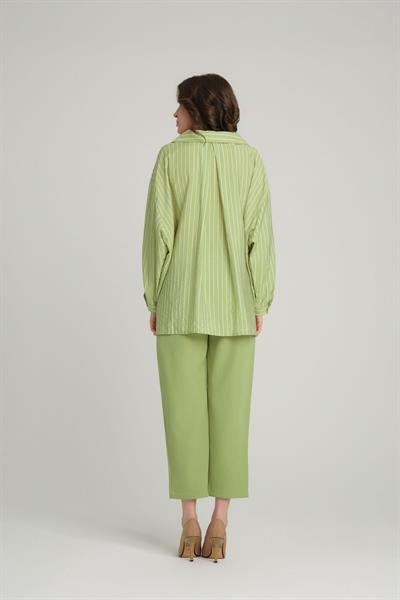 Relaxed Fit Çizgili Uzun Kol Gömlek Olive