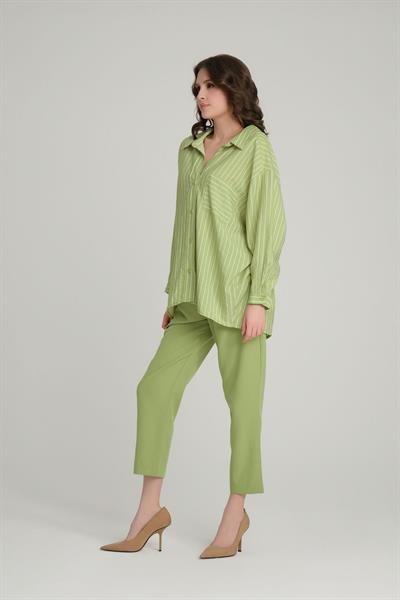 Relaxed Fit Çizgili Uzun Kol Gömlek Olive