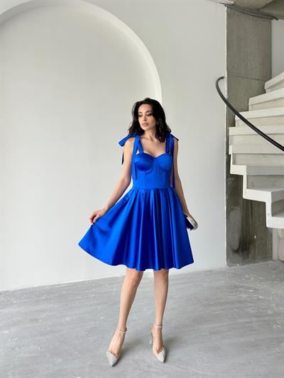 Saks Mavi Büstiyer Detaylı Askılı Saten Abiye ElbiseAbiye & Mezuniyet ElbisesiST5547-1004