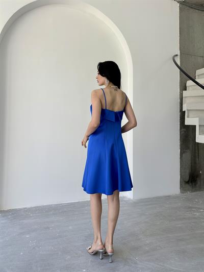 Saks Mavi Kat Detaylı Askılı Saten Mini Abiye ElbiseAbiye & Mezuniyet ElbisesiST5556-1066