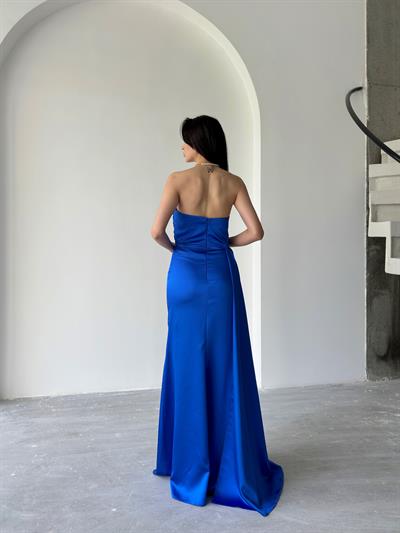 Saks Mavi Straplez Drapeli Saten Abiye ElbiseAbiye & Mezuniyet ElbisesiST5567-7209