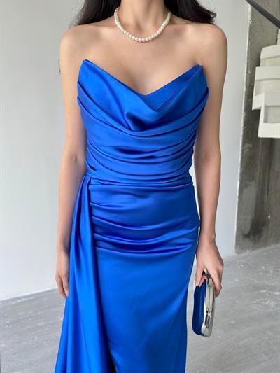Saks Mavi Straplez Drapeli Saten Abiye ElbiseAbiye & Mezuniyet ElbisesiST5567-7209