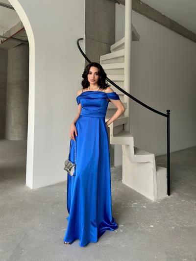 Saks Mavi Taş Askılı Düşük Kol Saten AbiyeAbiye & Mezuniyet ElbisesiST5645-6118