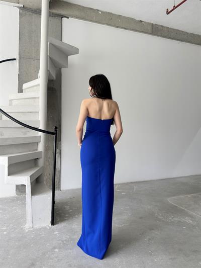 Saks Mavi Taş İşlemeli Yırtmaçlı Straplez Abiye ElbiseAbiye & Mezuniyet ElbisesiST5172-1045