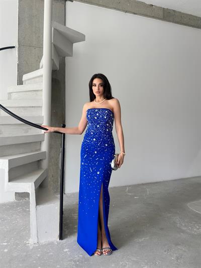 Saks Mavi Taş İşlemeli Yırtmaçlı Straplez Abiye ElbiseAbiye & Mezuniyet ElbisesiST5172-1045
