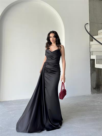 Siyah Straplez Drapeli Saten Abiye ElbiseAbiye & Mezuniyet ElbisesiST5568-7209