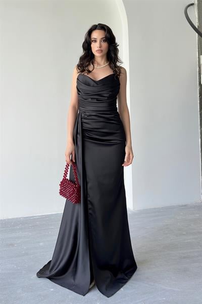 Siyah Straplez Drapeli Saten Abiye ElbiseAbiye & Mezuniyet ElbisesiST5568-7209